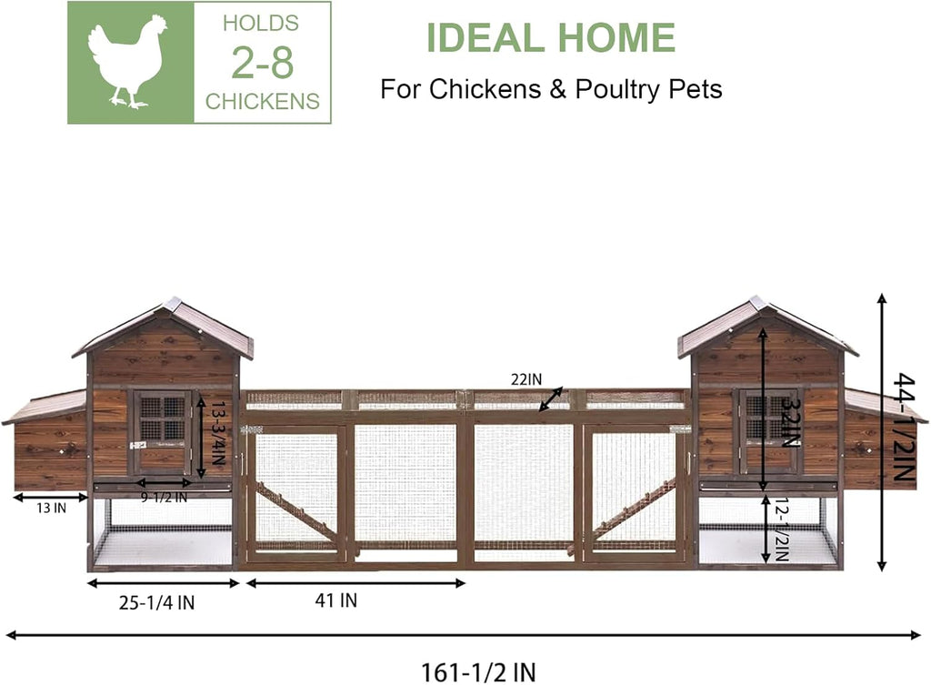 Large Wooden Chicken Coop, 160IN Outdoor Chicken Cages and Run with Nesting Boxes for 2-8 Chickens, Hen Run Poultry