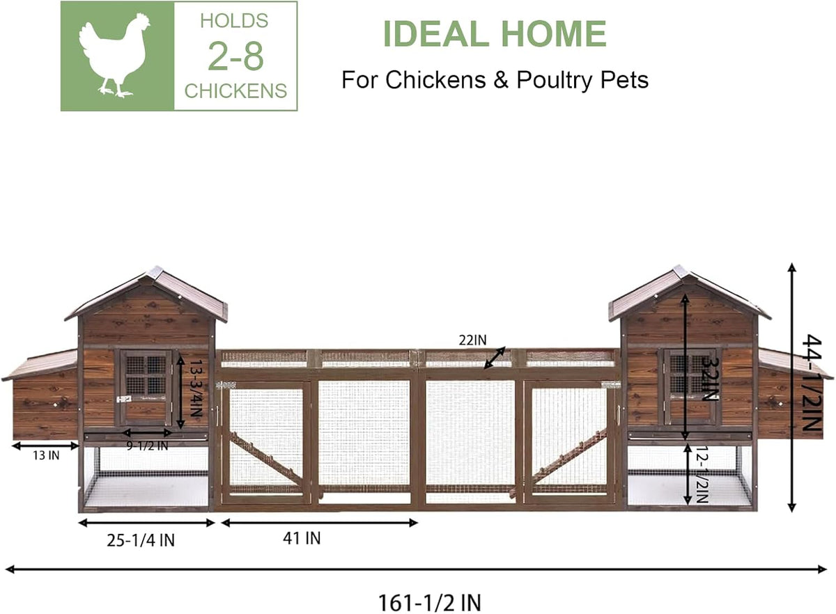 Large Wooden Chicken Coop, 160IN Outdoor Chicken Cages and Run with Nesting Boxes for 2-8 Chickens, Hen Run Poultry