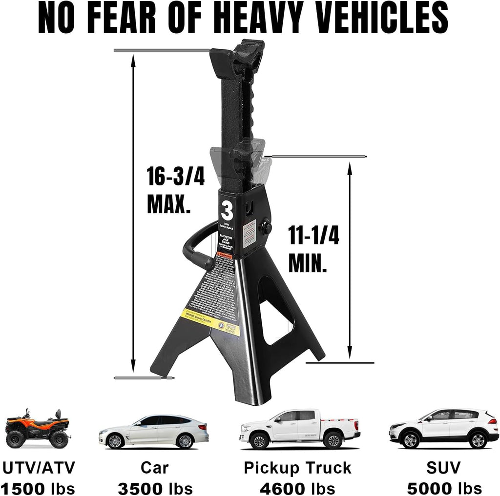 AT43202B Steel Jack Stands: 3 Ton (6,000 lb) Capacity, Black, 1 Pair