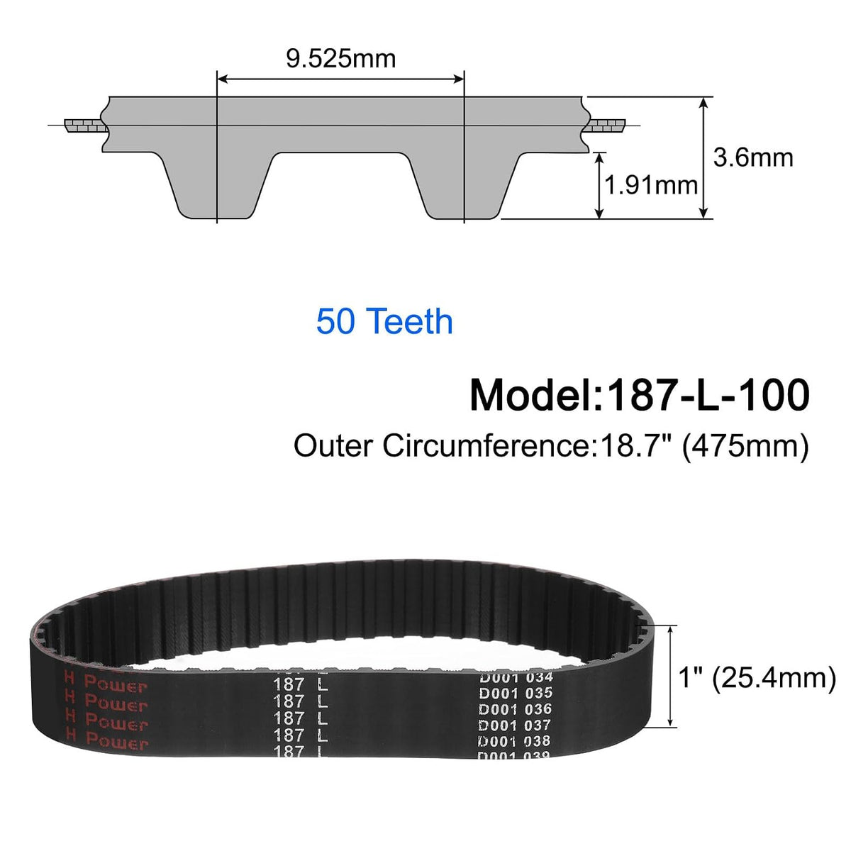 uxcell 187-L-100 L Timing Belt 18.7" Pitch Length x 1" Width x 0.18" Height, 50 Teeth Closed Loop Rubber Timing Belt