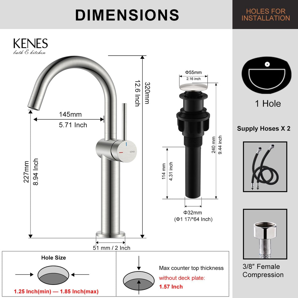 Brushed Nickel Vessel Sink Faucet Single Handle, Tall Bathroom Faucet