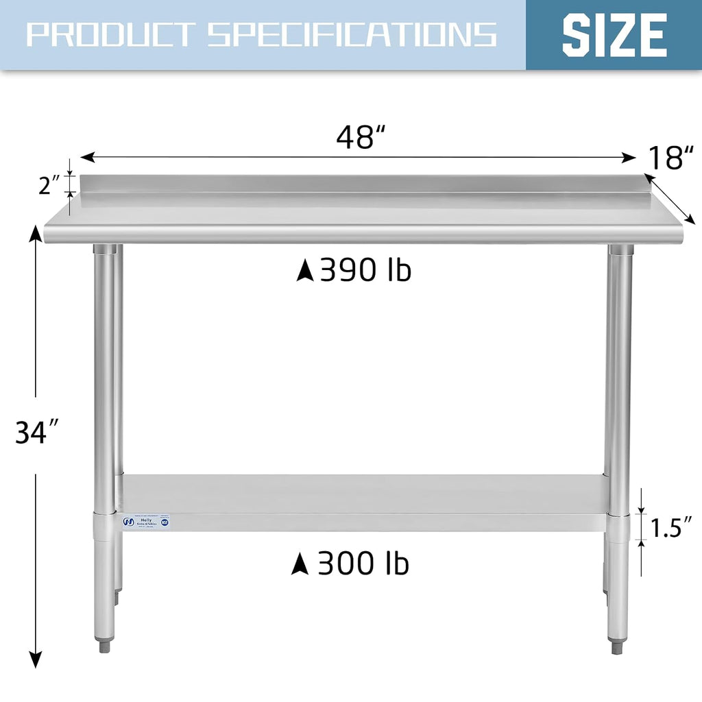Hally Stainless Steel Table for Prep & Work 18" x 48" with Backsplash NSF