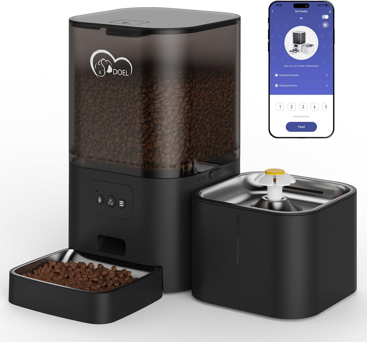 2.4GHz WiFi Automatic Cat Feeder and Water Fountain, 6L/24 Cups Timed Dry Food Dispenser for 2.5 Weeks, with APP