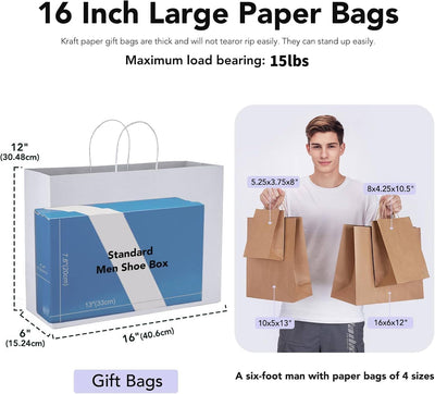 White Paper Bags with Handles, Large Gift Bags 16x6x12, 25 Pack