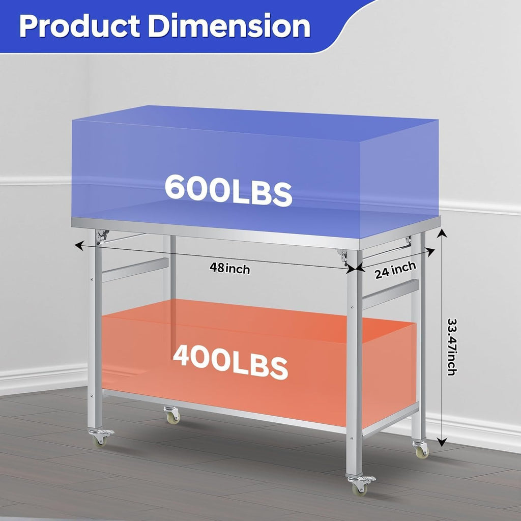 48x24" NSF Stainless Steel Folding Prep Table w/ Undershelf & Casters