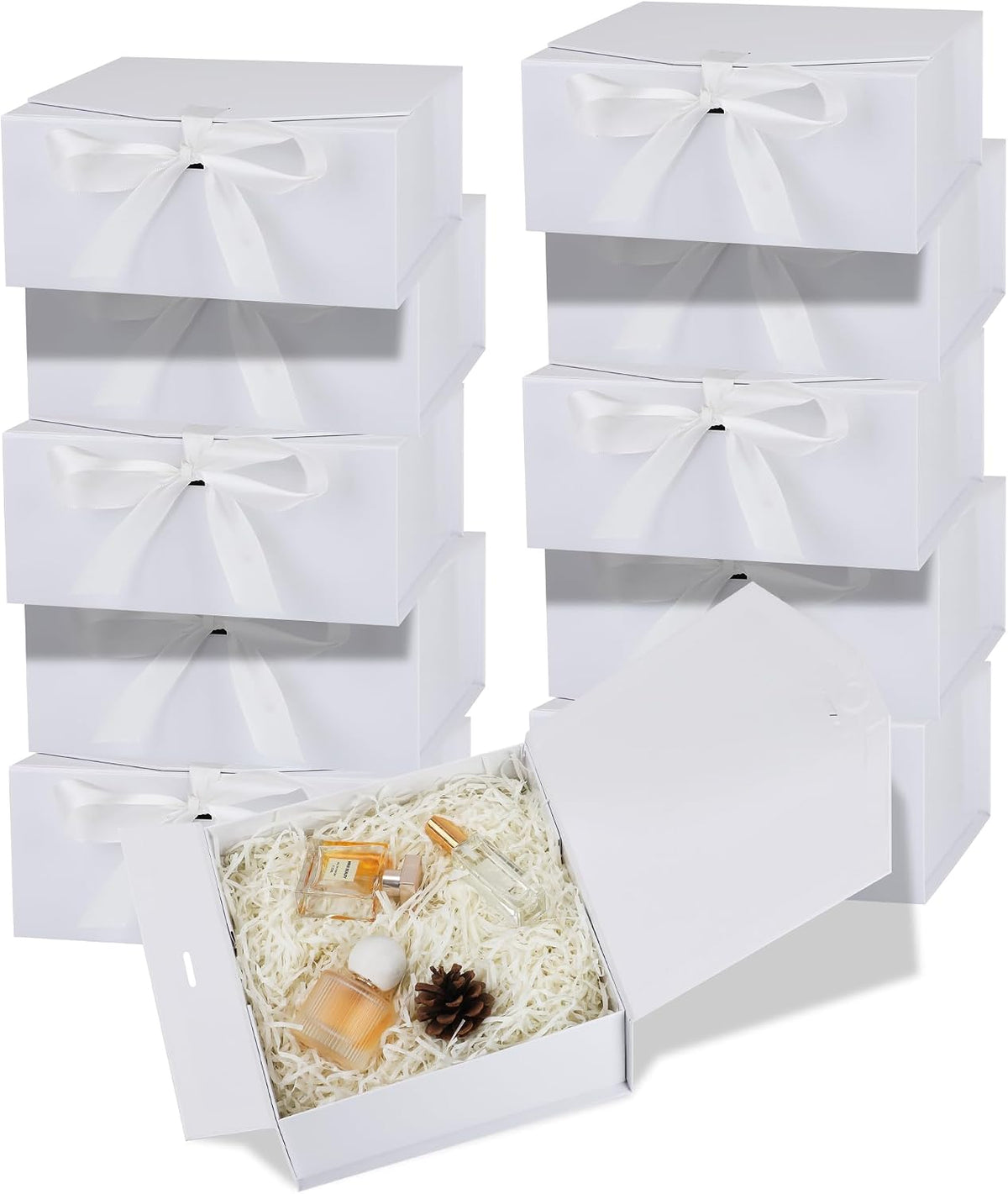 10-Pack Gift Boxes,10x7.3x3.5 Inch Magnetic Gift Boxes with Lids for Presents,White with Ribbon, Bridesmaid Proposal