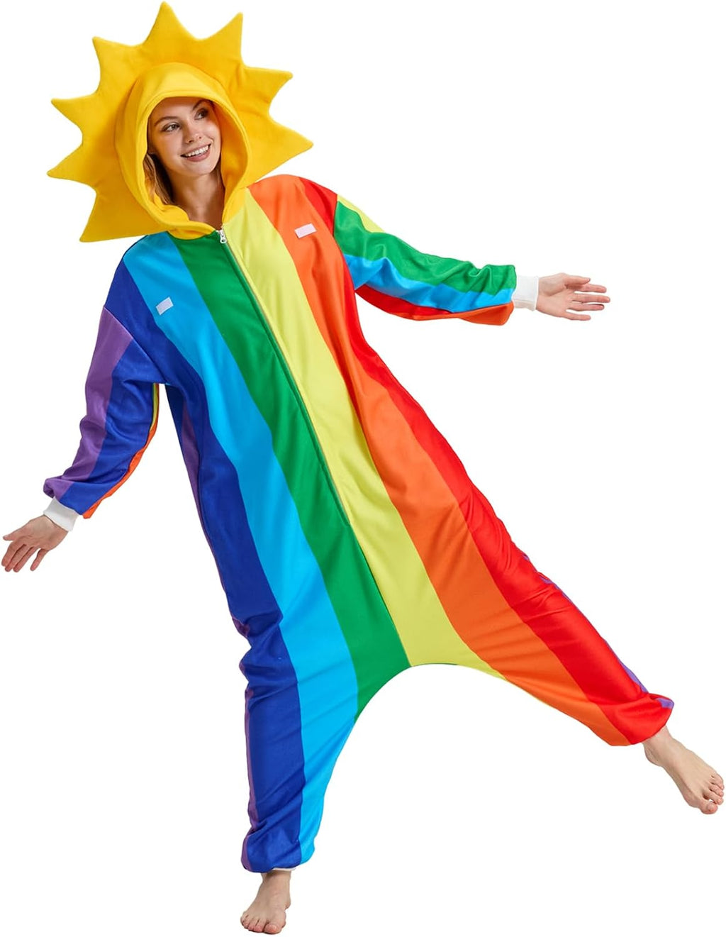 Rainbow Onesie Pajamas with Sun-Shaped Hood,Detachable Cloud, Colorful Halloween Costume Jumpsuit for Adults
