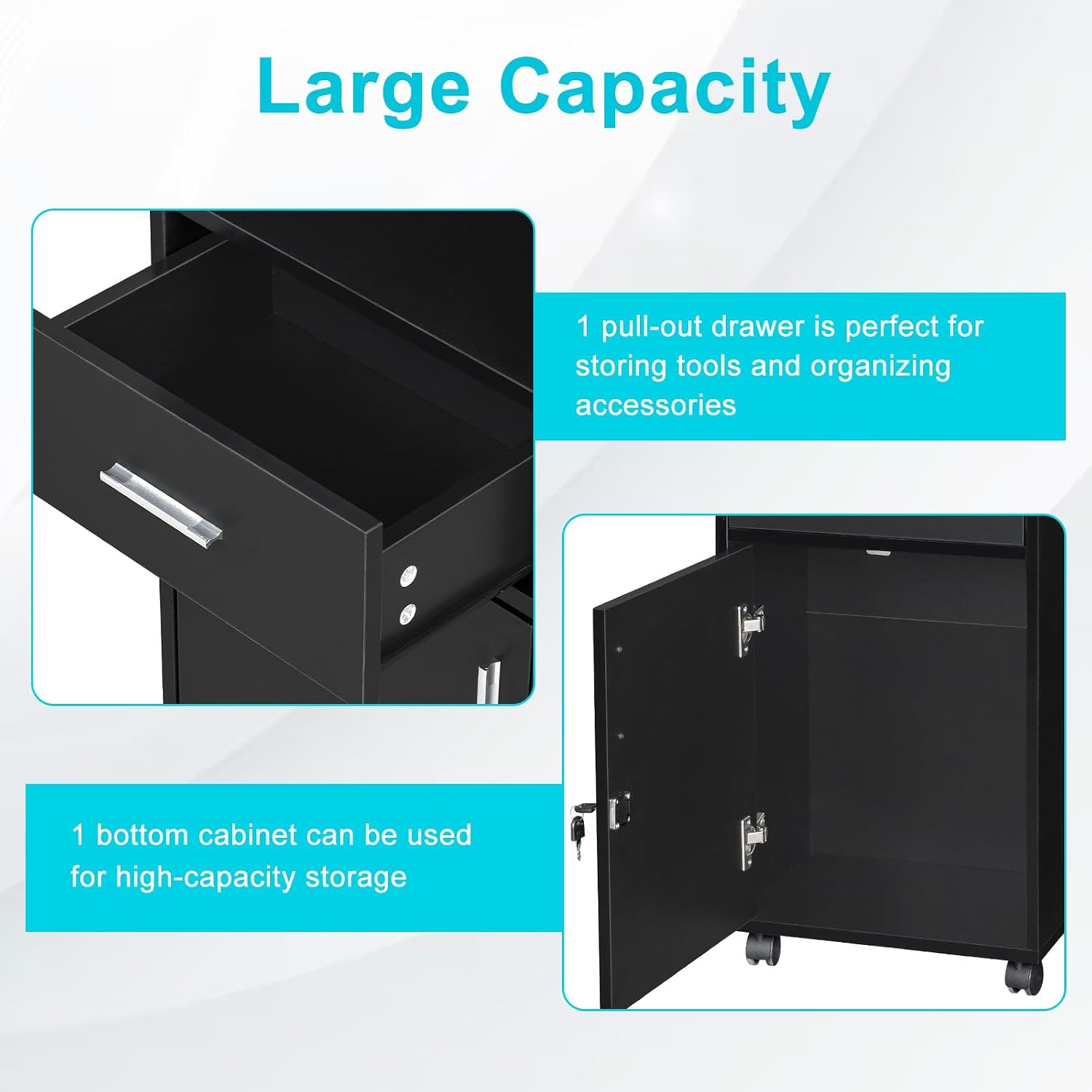 Beauty Salon Trolley Cart with 6 Tool Holders, 1 Drawer | Lockable Salon Cabinet with 360° Wheels, Mobile Salon