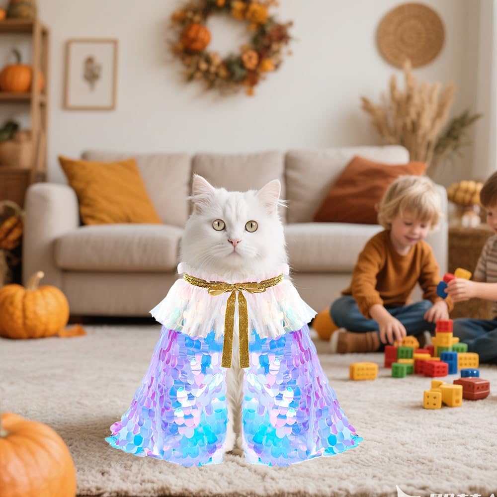 2 Packs Halloween Cat Costumes, Small Funny Sequins Halloween Cat Wizard Cape Adjustable Pet Wizard Cloak for Little
