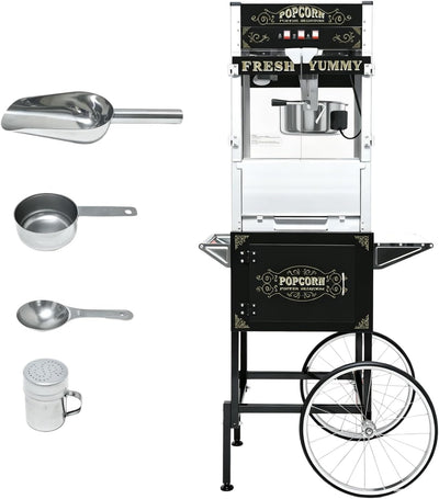 Popcorn Machine with Cart, 20 Oz Kettle, Vintage Popcorn Maker with Storage Cabinet Scoop, Oil Spoon & 3-Switch