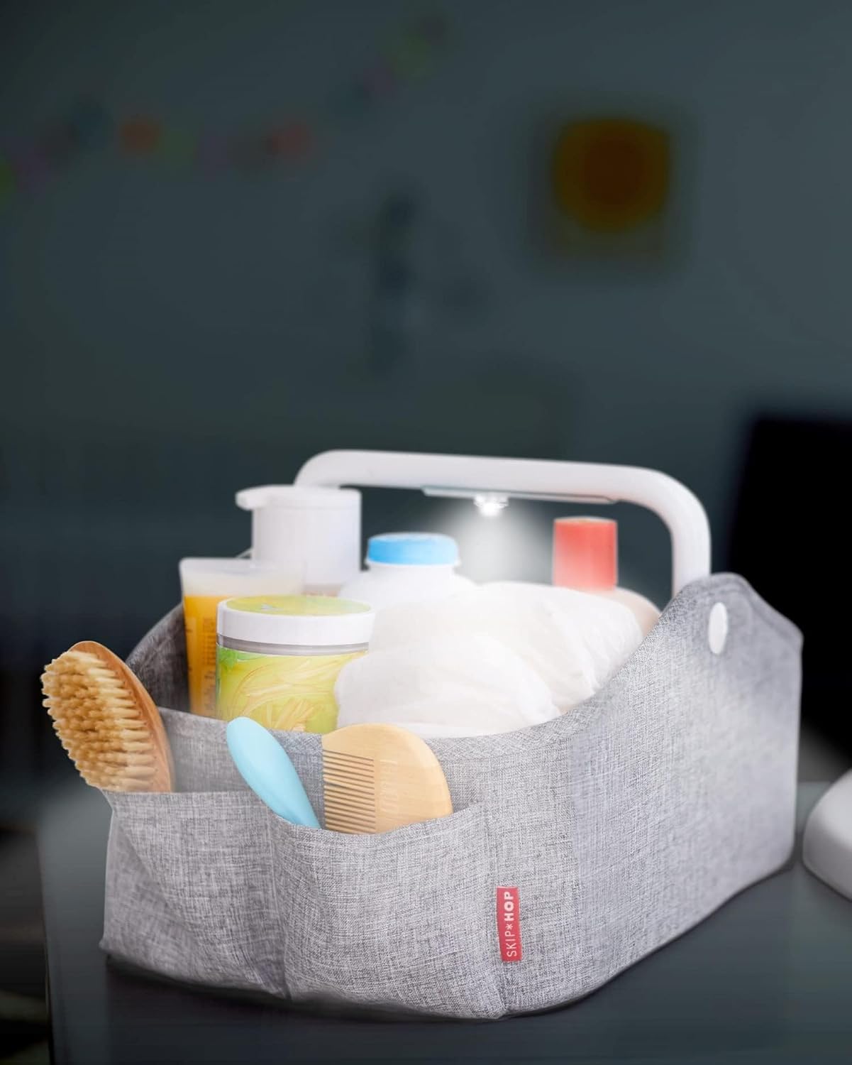 Diaper Caddy Organizer with Touch Sensor Night Light Nursery Style Heather Grey