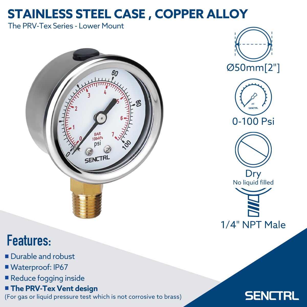 SENCTRL 0-100 Psi Pressure Gauge, 1/4" NPT Lower Mount