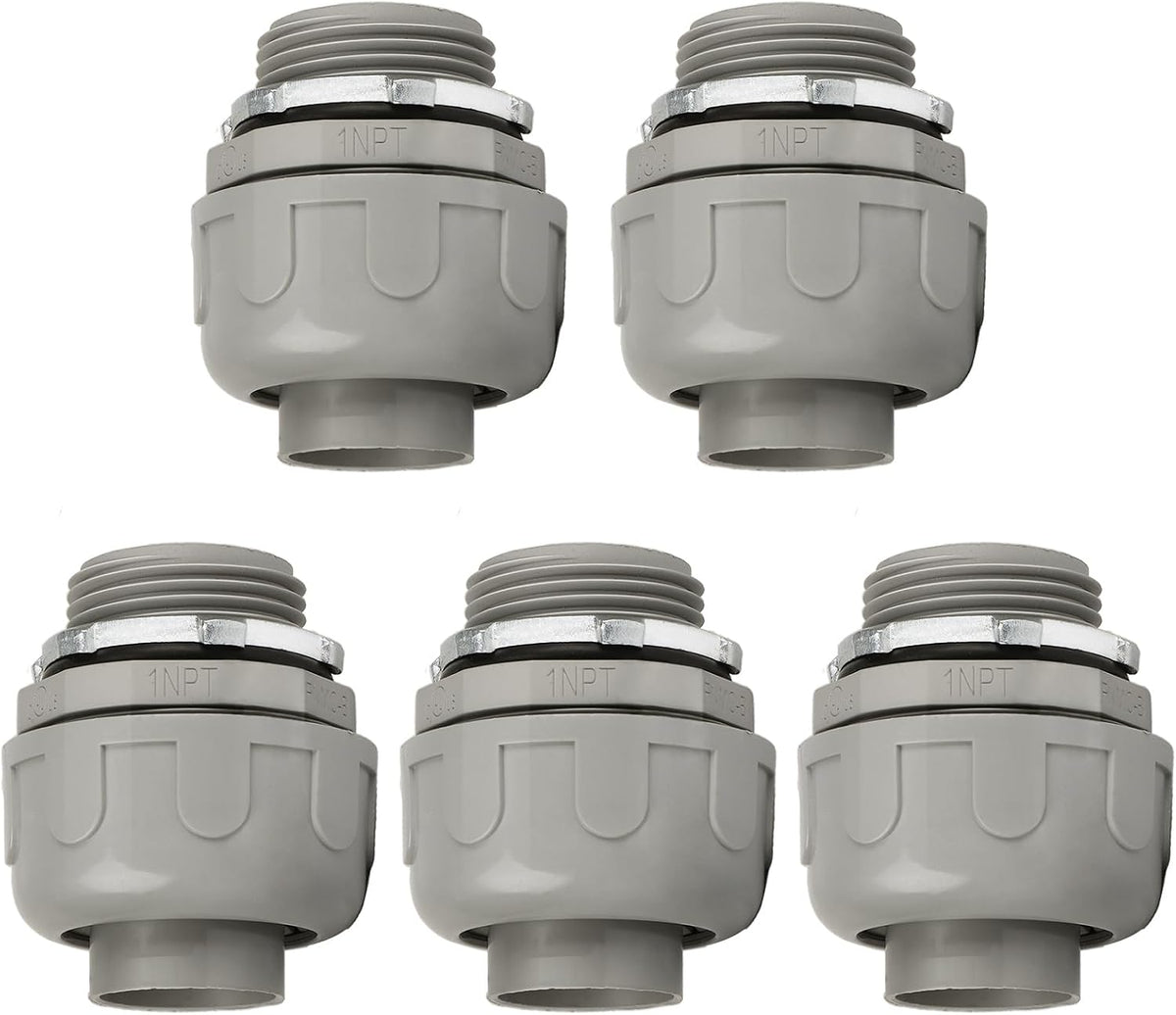 Conduit Connectors, 1 Inch, Straight, Grey, 5-Pack | Liquid Tight Connector, NPT, Non-Metallic