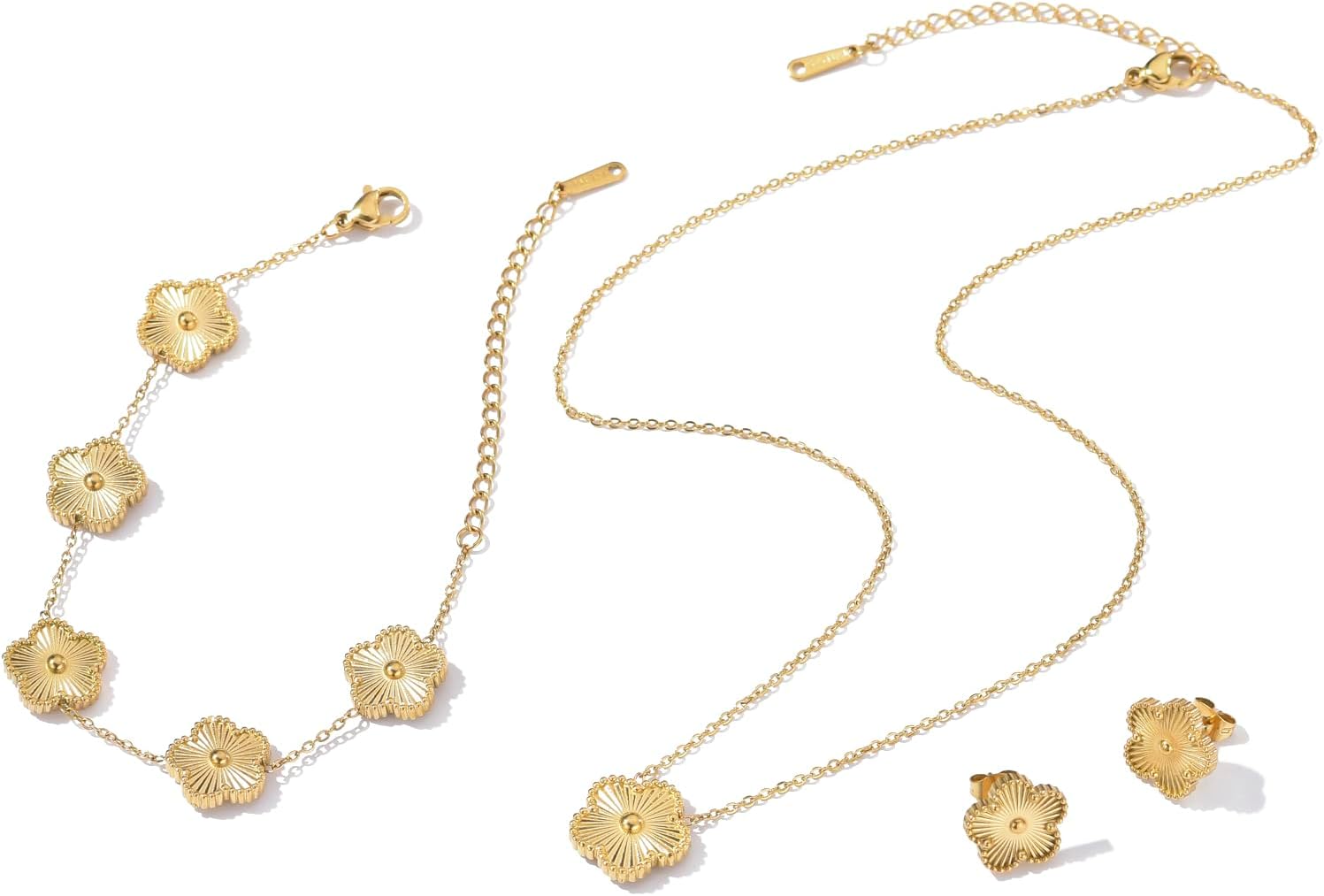 Clover Neckalce Earring Set for Women 14K Gold Plated Stainless Steel Four Leaf Clover Jewelry Set