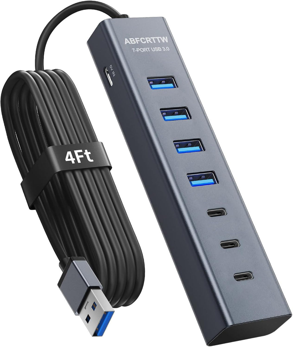 4Ft 7-Port USB Hub 3.0 for Desktop, 4 USB-A & 3 USB-C Ports Aluminium 5Gbps USB Extender Hub, USB Splitter, USB Hub