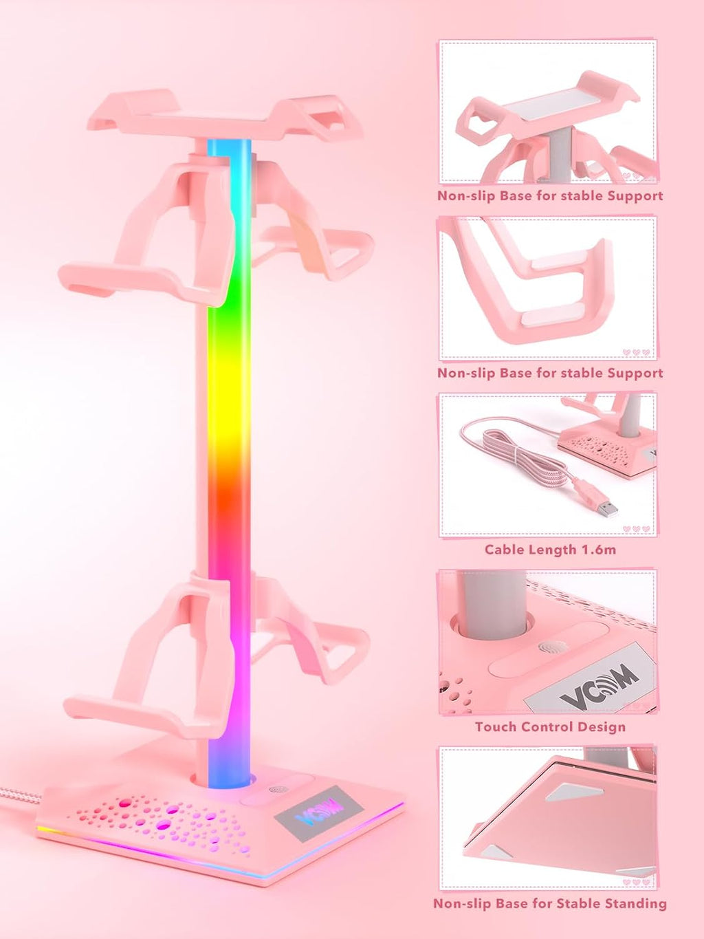 COM RGB Gaming Headphones Stand with 2 USB Ports, Pink Headset Stand with 10 Light Modes and Non-Slip Rubber