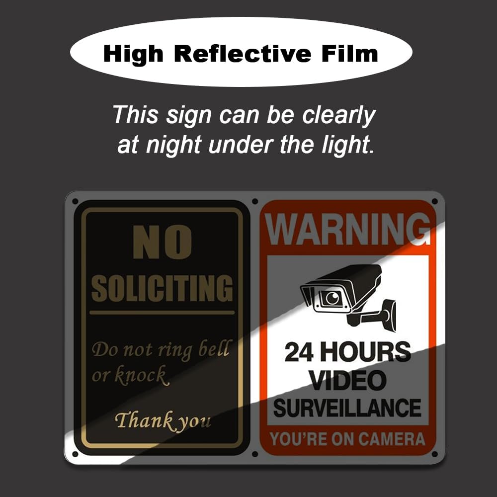 No Soliciting Sign & 24 Hours Surveillance Sign 2 in 1 Aluminum UV Ink Printed Yard Sign for House, Yard, Front Door