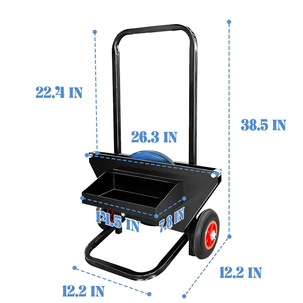 Heavy Duty Strapping Cart & Dispenser for Steel Strapping Coils with Over 9.5" Core Size Integrated Tool & Seal Tray