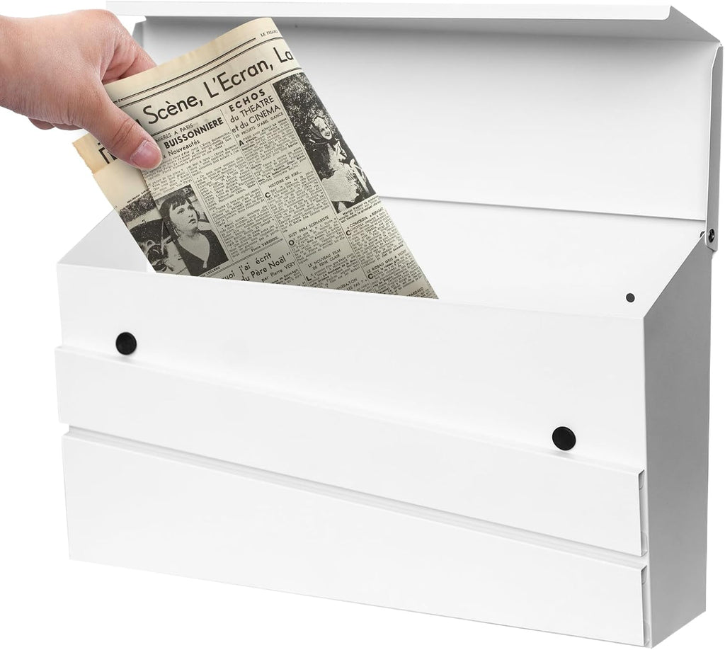 Wall-Mount Mailbox White | No Lock Rust-Resistant Large Capacity Mailbox, Modern Drop Mailboxes for Outside