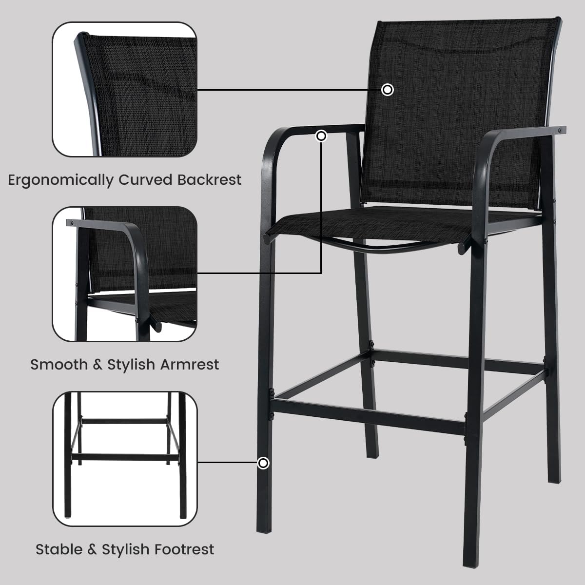 Metal Bar Stool Set of 2, Counter Height Patio Bar Stools
