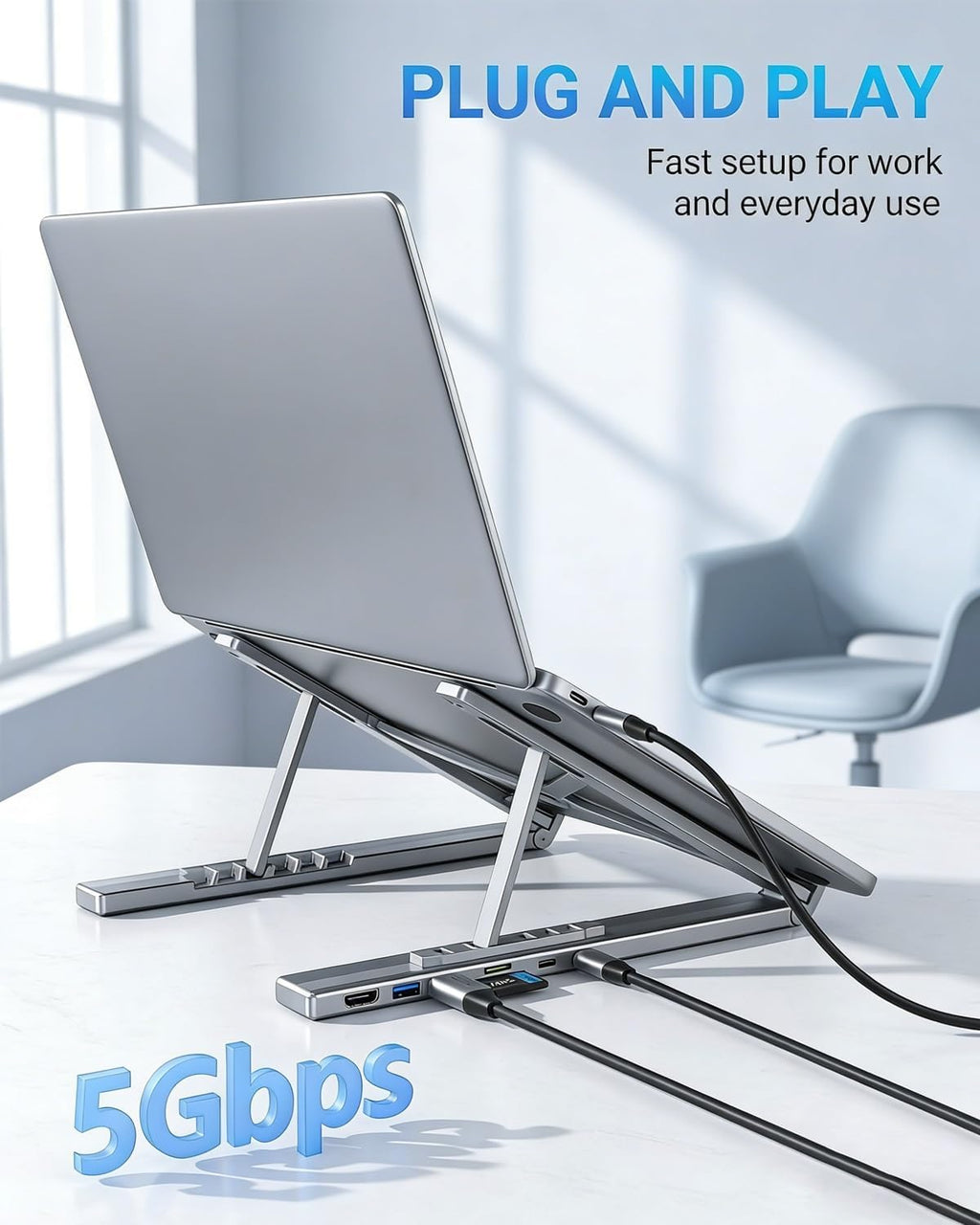 USB C Laptop Stand with Docking Station,8 in 1 Hub Laptop Stand Foldable Computer Riser with 4K HDMIPD 100W Dual Data