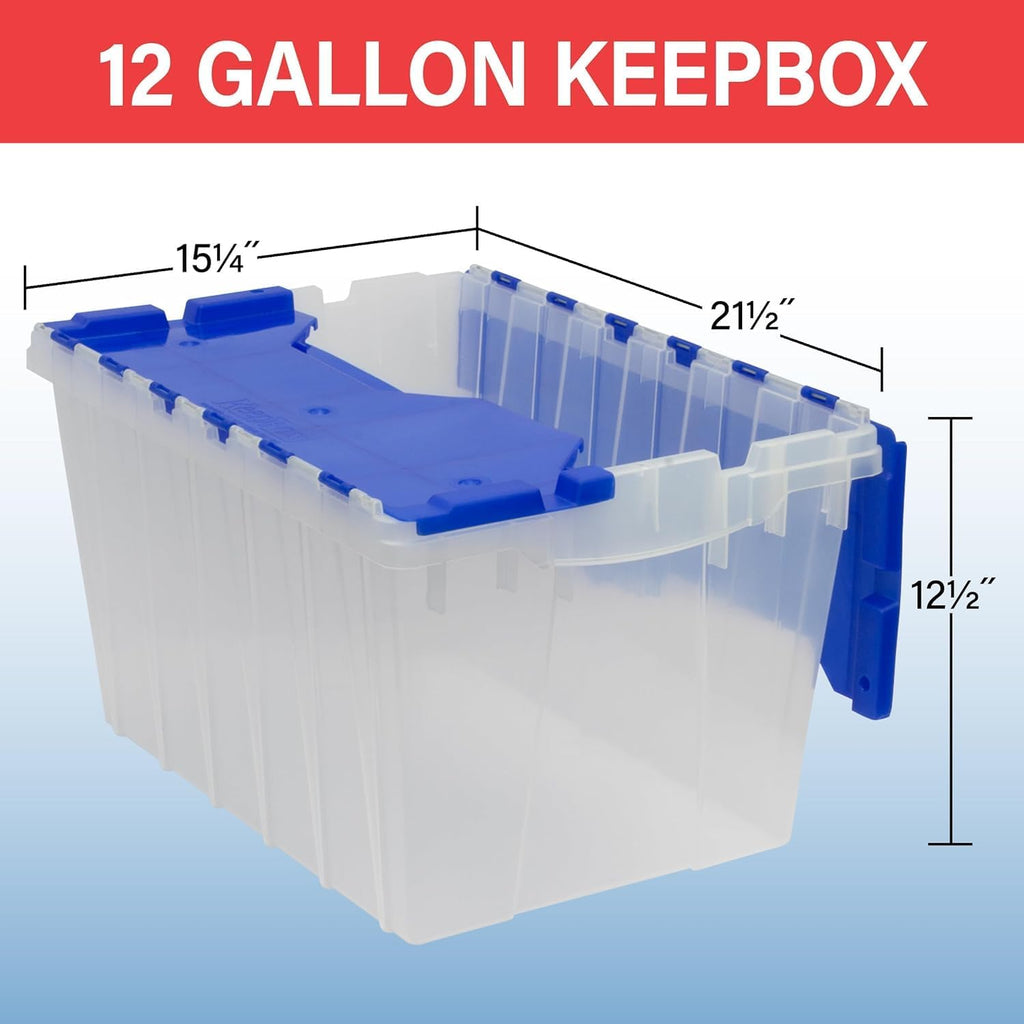 KeepBox 12 Gal Storage Box, Lid Attached, Stackable, Clear/Blue