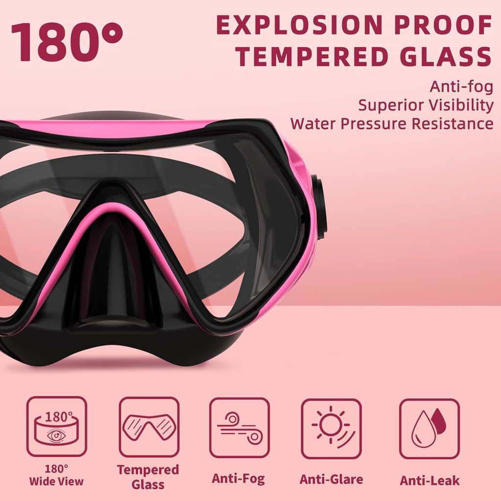 Snorkeling Gear for Adults, JRing Snorkel Mask Set with 180 Degree Tempered Glass Anti Fog Goggles Scuba Dry Top
