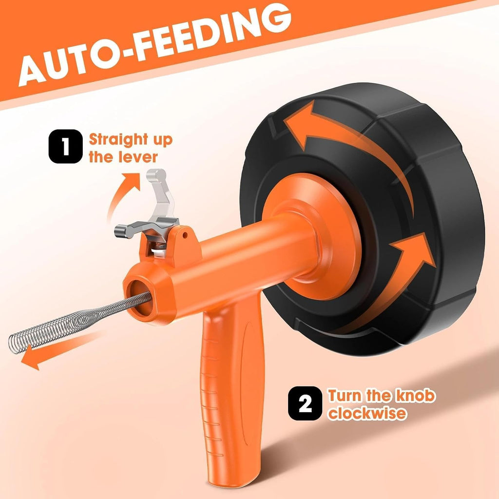 Drain Snake, Auto Feed Drain Auger with Drill Attachment, 25 Feet Plumbing Snake Flexible Hair Drain Clog Remover for