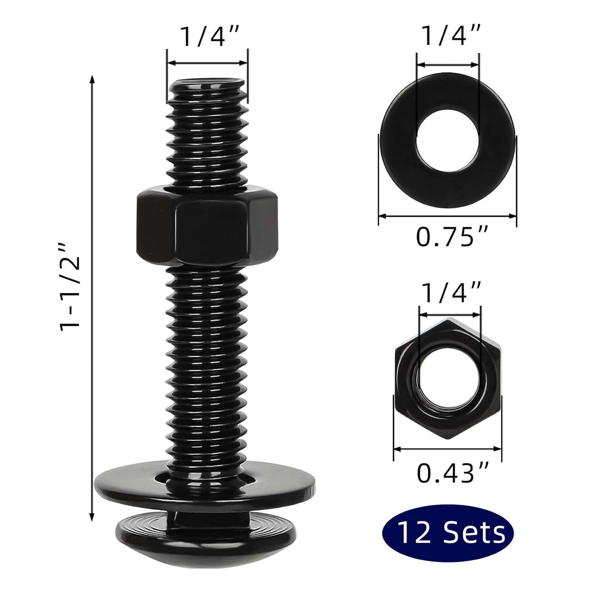 1/4-20 x 1-1/2" Carriage Bolt Kit, Stainless Steel 304 Carriage Bolts Screws with Hex Nuts & Flat Washers, Round Head