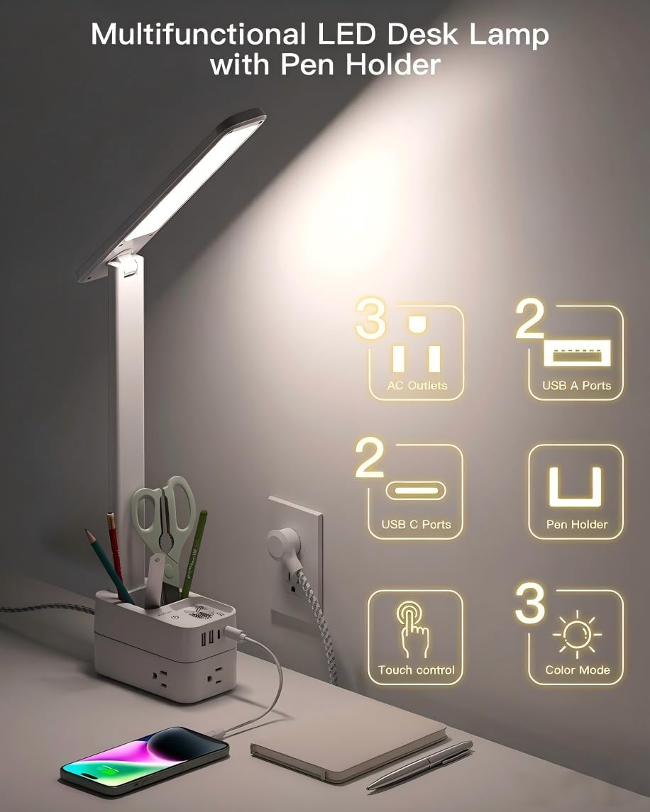 Desk Lamp with Pen Holder, LED Desk Lamps for Home Office, Power Strip with 3 Outlets 4 USB Charging Ports(2 USBC), 3