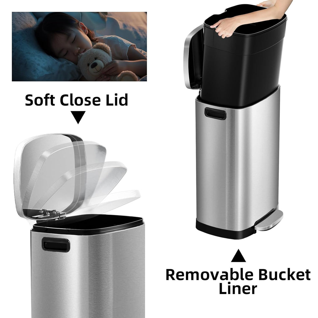 13 Gallon Trash Can with Lid, 50L Fingerprint Proof Stainless Steel Kitchen Trash Can with Removable Inner Bucket and