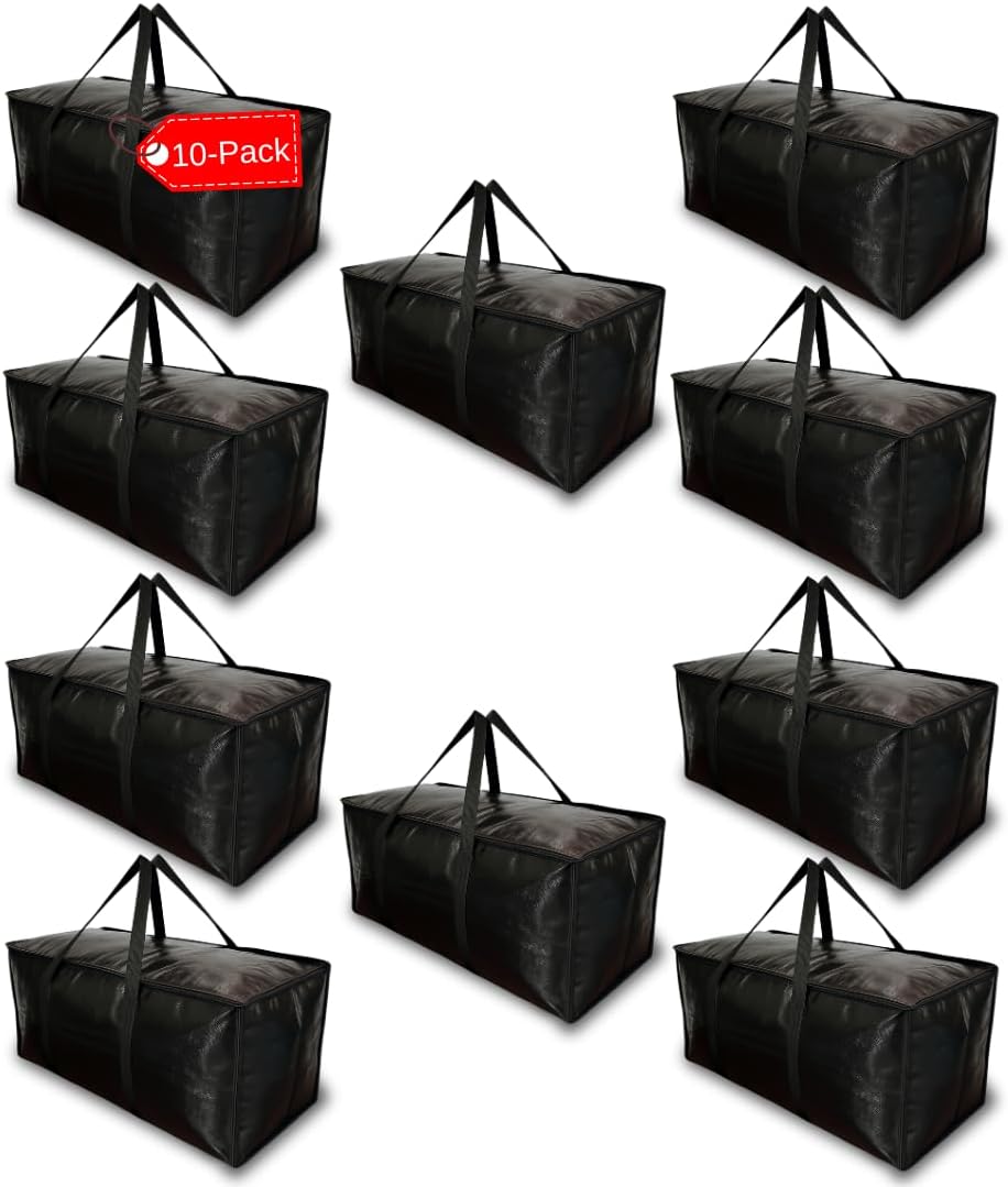 10 - Pack Heavy Duty Large Moving Bag with Strong Zipper and Comfortable Handles Durable & Sturdy Large Storage Bags