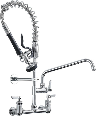 Commercial Kitchen Faucet,Wall Mount Kitchen Sink Faucet with Pre-Rinse Pull Down Sprayer,25‘’ Height 8'' Center 3