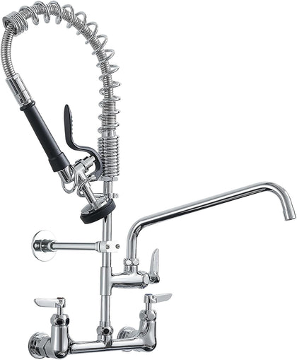 Commercial Kitchen Faucet,Wall Mount Kitchen Sink Faucet with Pre-Rinse Pull Down Sprayer,25‘’ Height 8'' Center 3