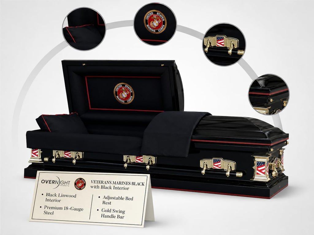 Veterans Marine Metal Casket w/Black Interior - Gold Accents & Gasket Lock
