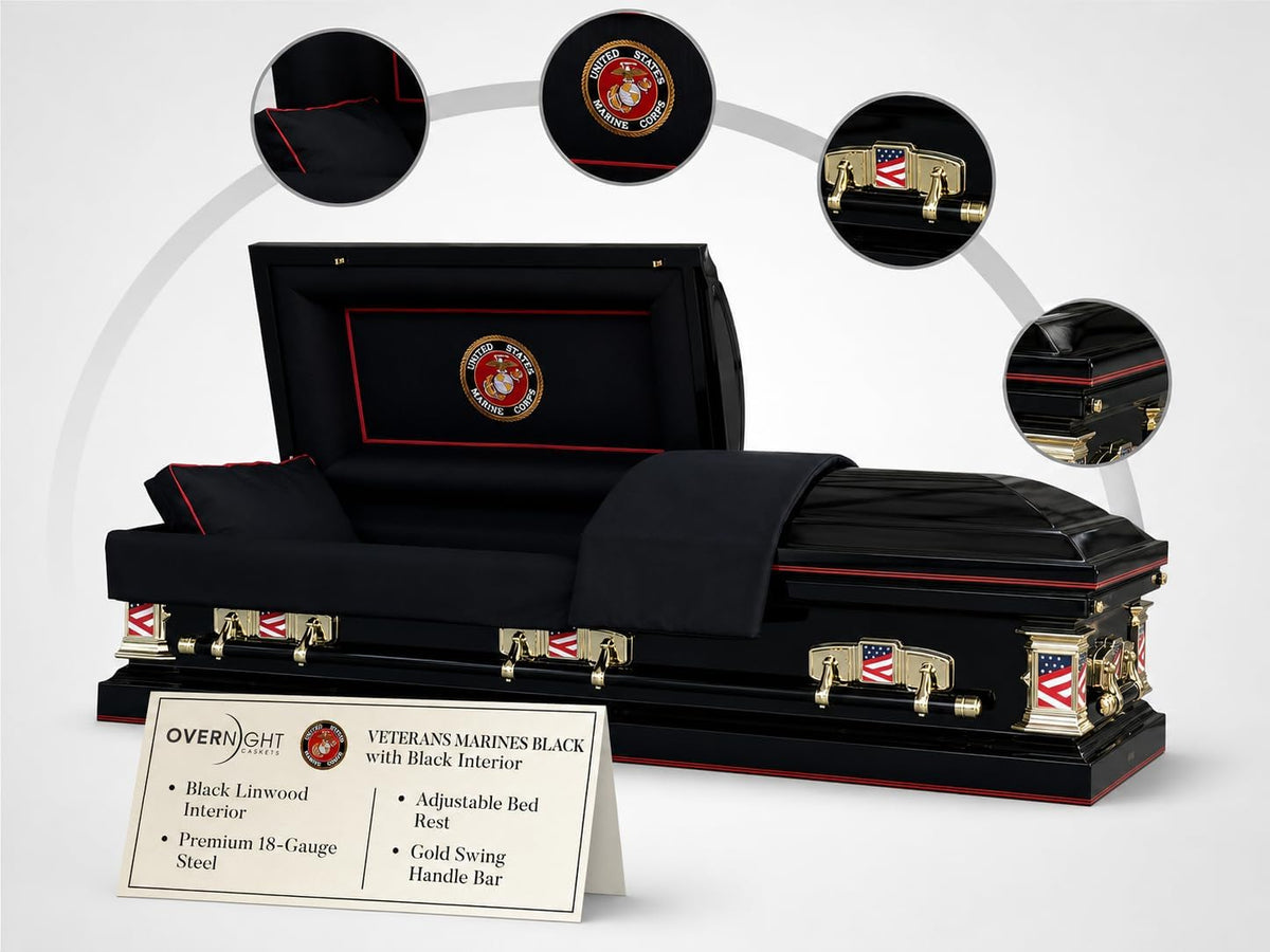 Veterans Marine Metal Casket w/Black Interior - Gold Accents & Gasket Lock