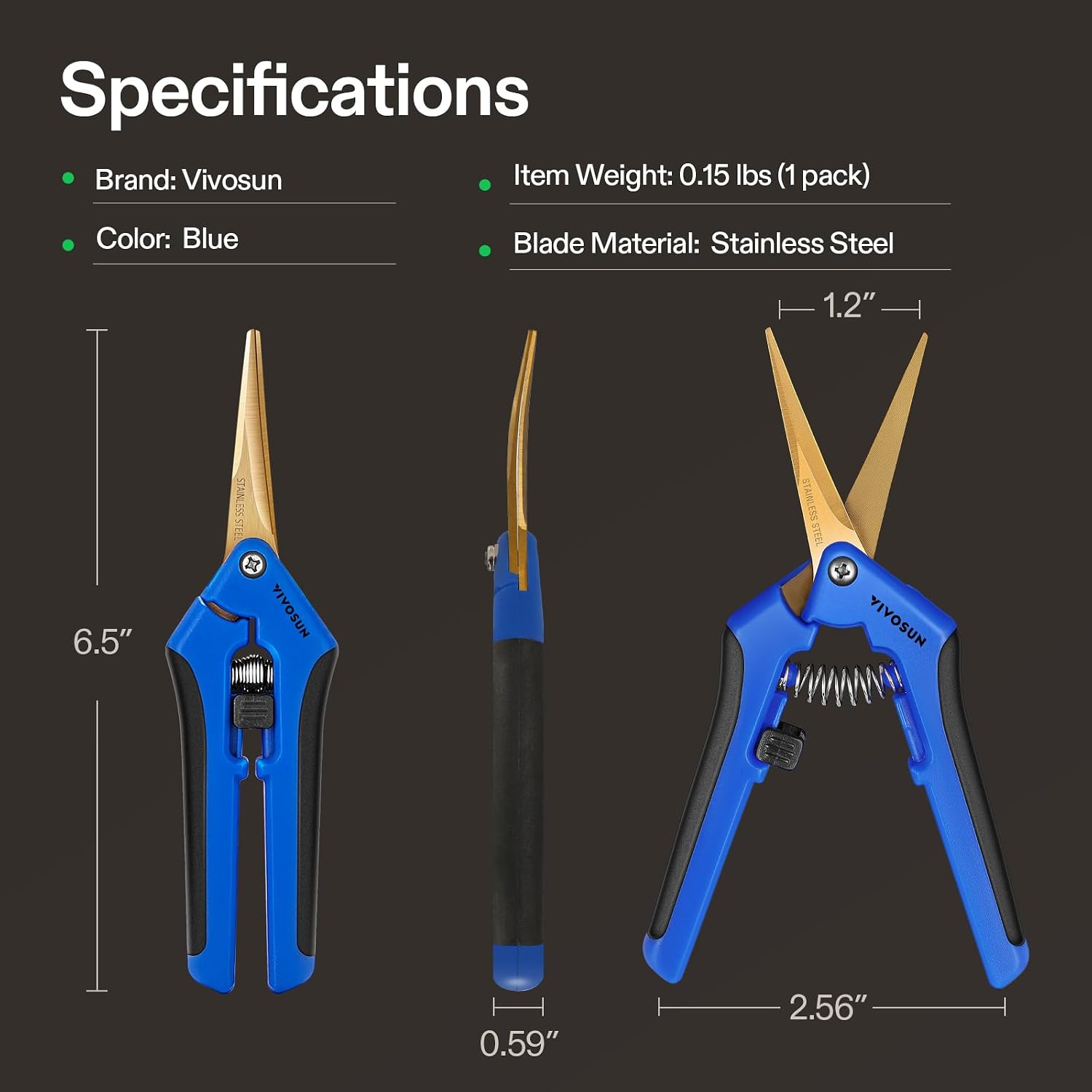 6.5 Inch Garden Scissors, Blue Pruning Shears for Plants, 3-Pack | Curved Precision Stainless Steel Blades, Comfort
