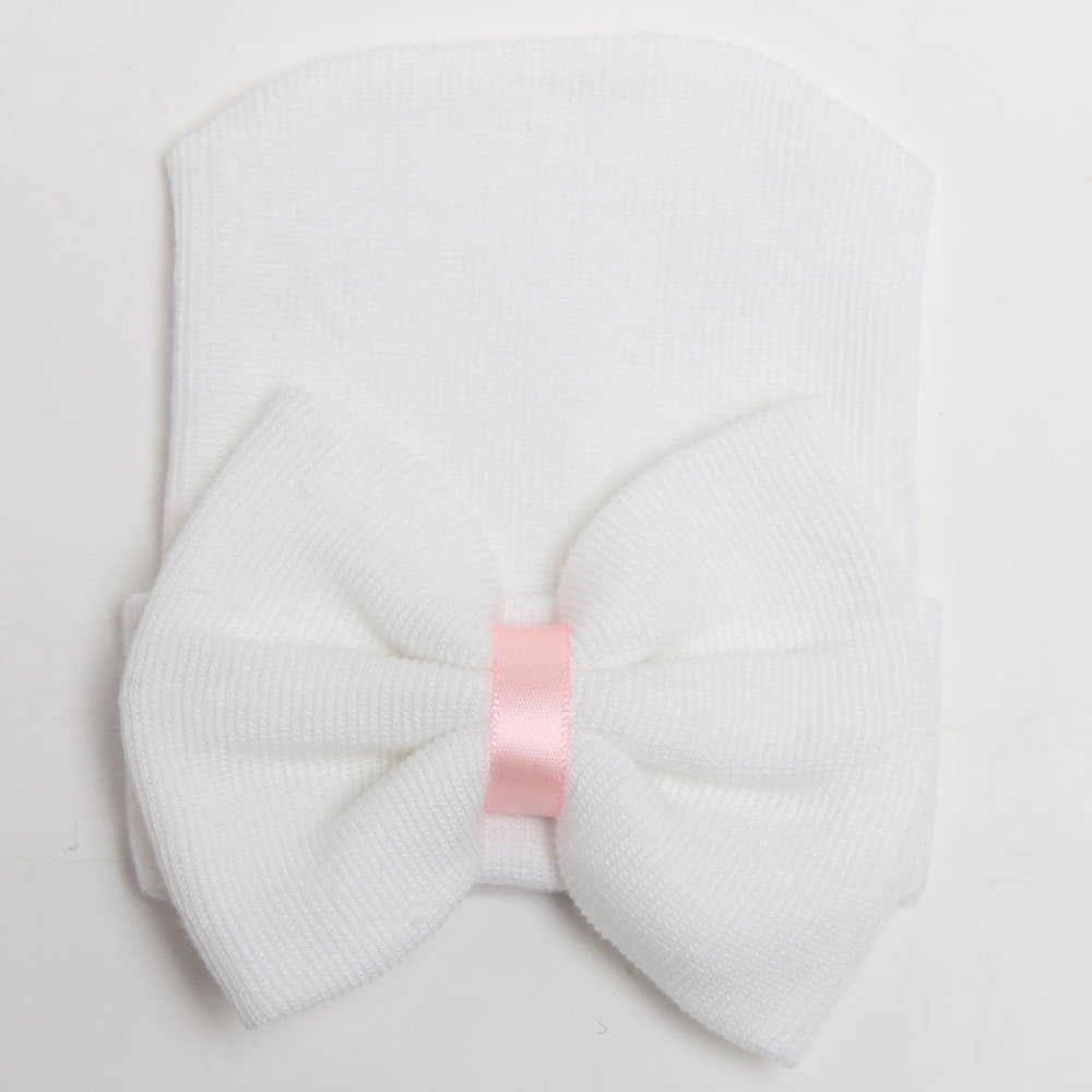 BQUBO Newborn Hospital Hat with Bow Cotton Infant Baby Cap Soft Cute Nursery Beanie Hat for Baby Girl Boy 0-3 Months