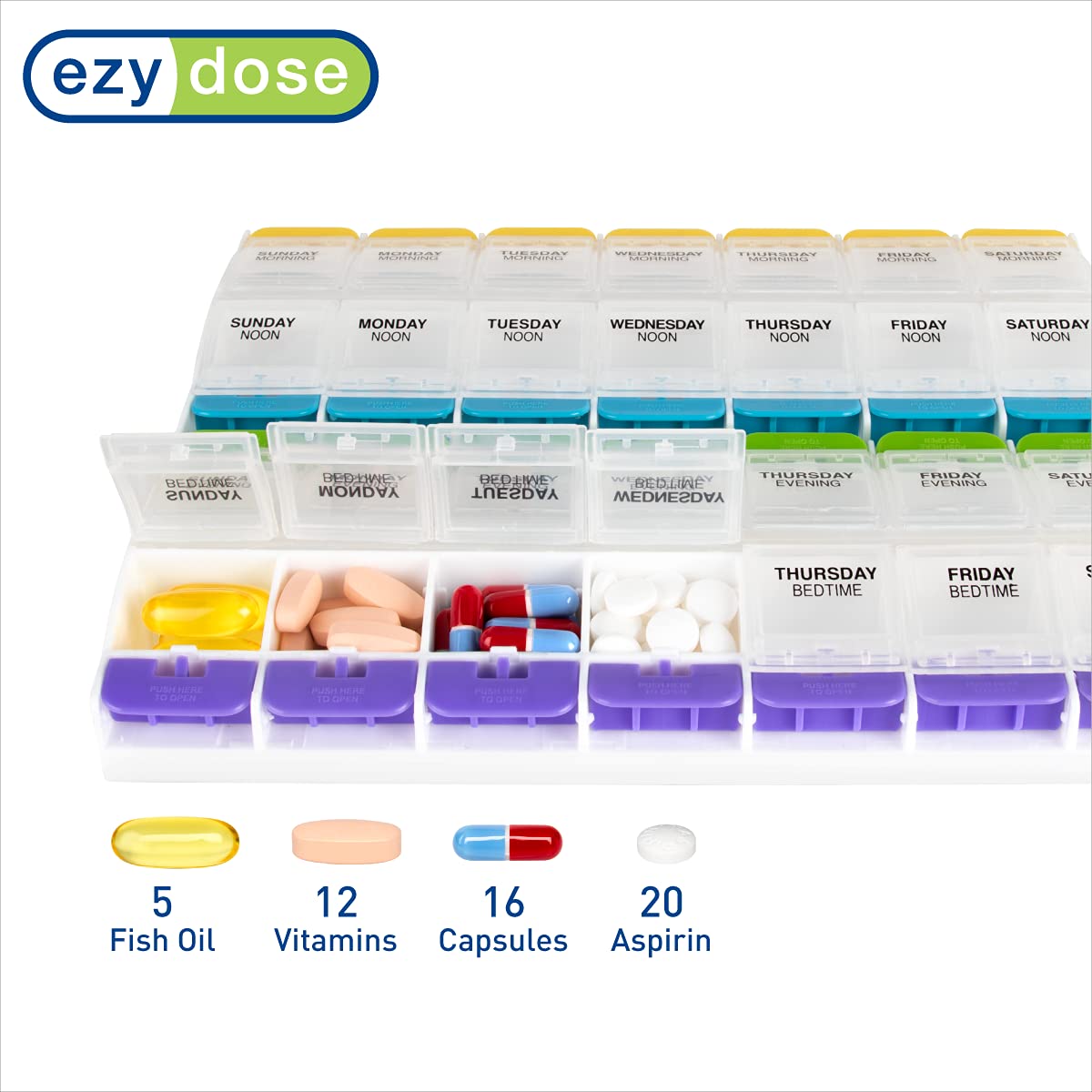 Weekly (7-Day) Pill Organizer, Vitamin Container, and Daily Medicine Planner, 2X-Large Push Button Compartments