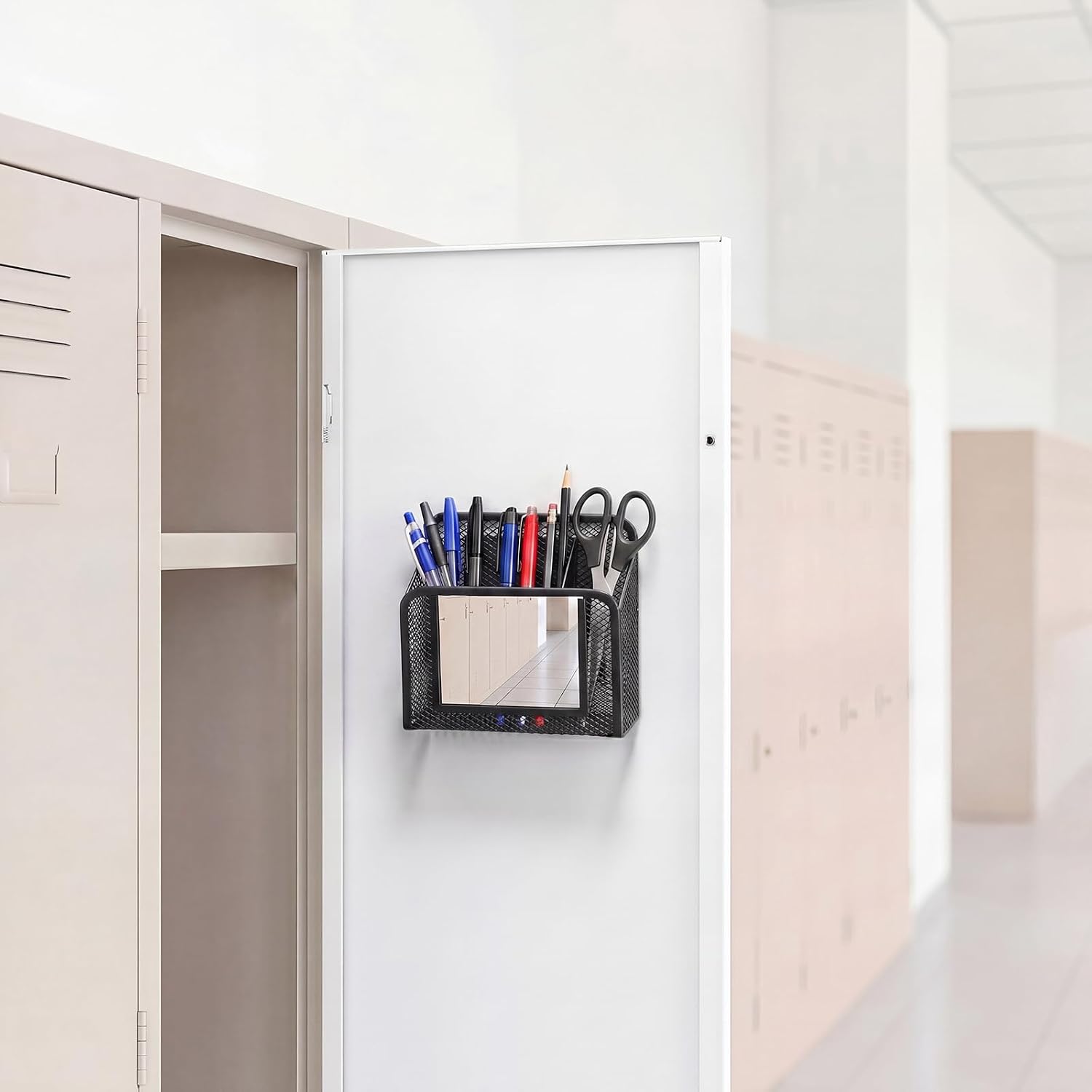 2 Pack Magnetic Mesh Locker Organizer with Mirror, Magnetic Pencil Holder Storage Caddy, 2 Compartments Locker