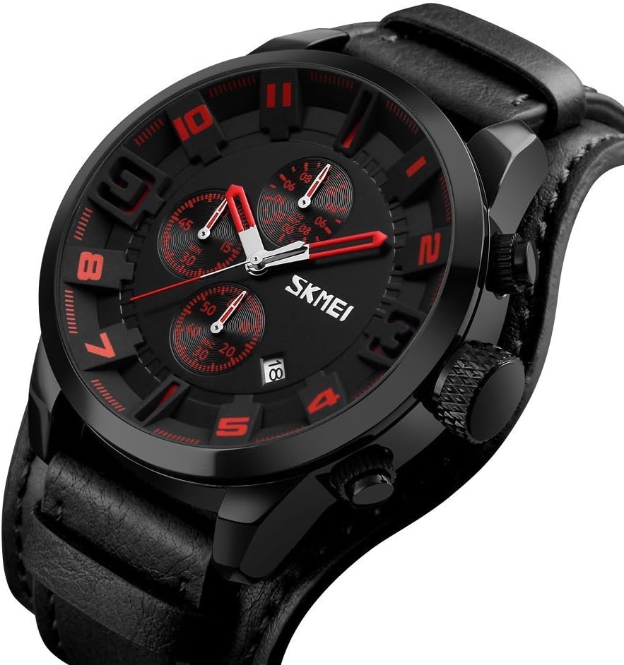Mens Wide Leather Cuff Sport Watch for Men Large Dial 47mm Analog Quartz Watches Waterproof Chronograph Watch