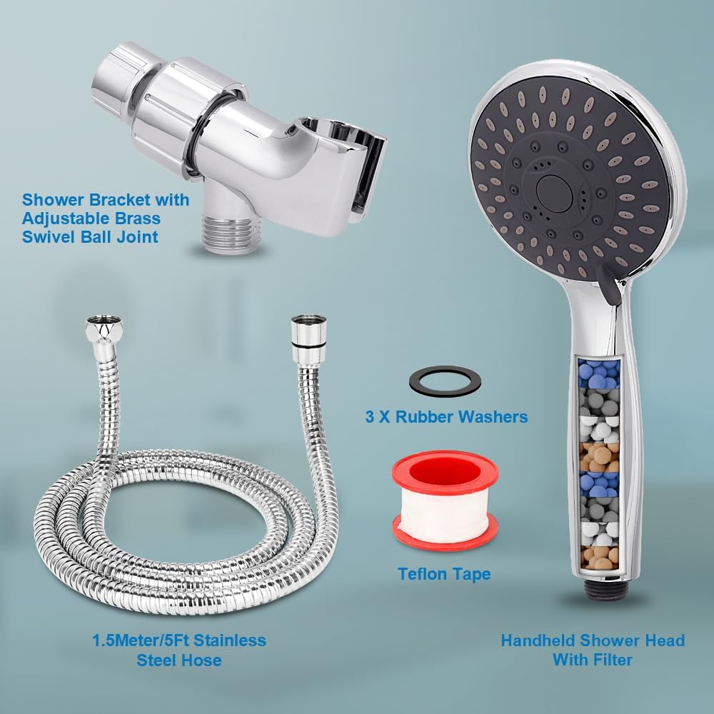 Filtered Shower Head with Handheld, High Pressure 5 Spray Mode Showerhead with Hose Bracket Filter for Hard Water