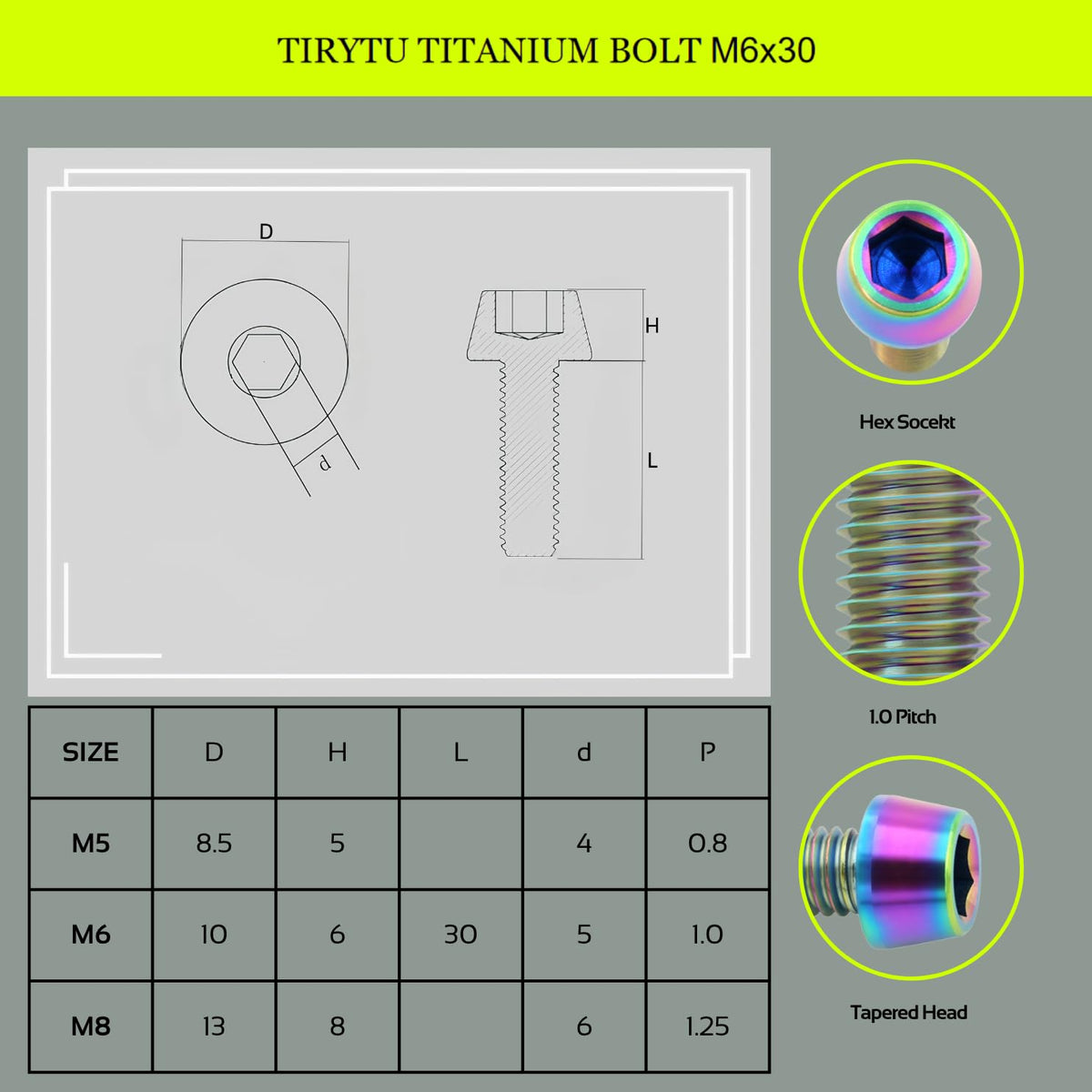 M6X30 Titanium Bolts with Tapered Head, 4PCS, Colorful