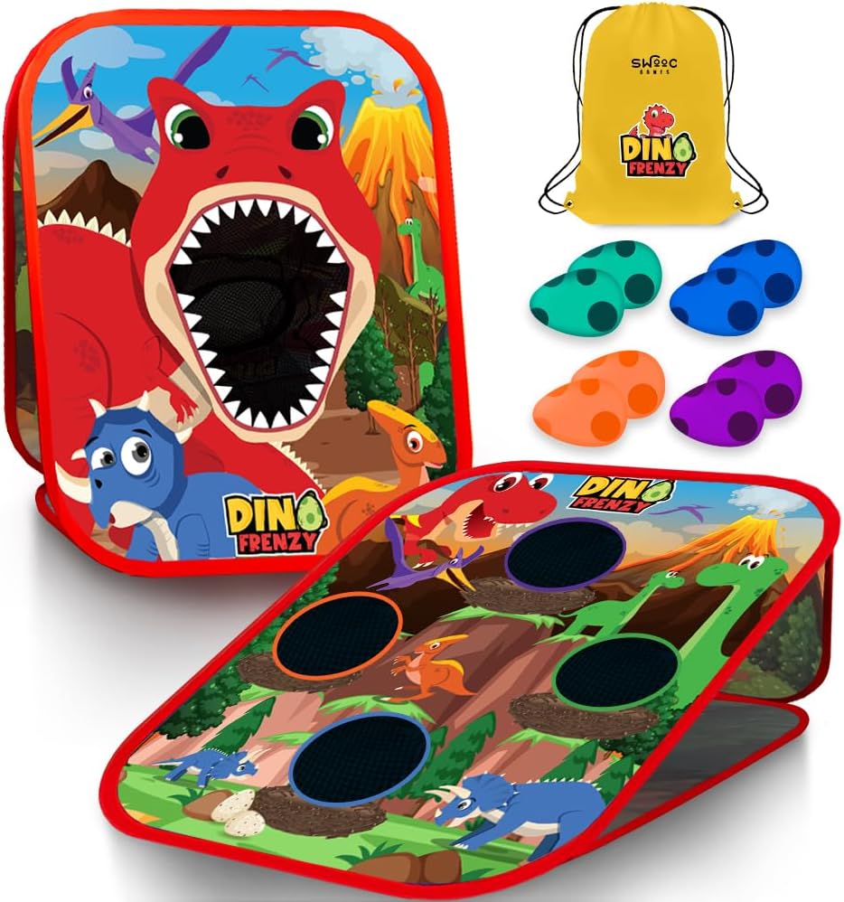 Games - Dino Frenzy | 2-in-1 Corn Hole Games for Kids | 5-Second Setup | Dinosaur Bean Bag Toss Game for Kids | Kid