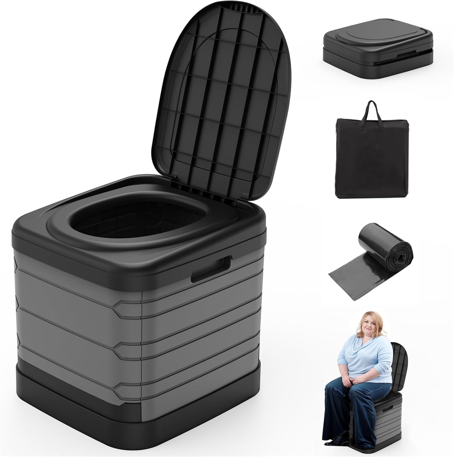 XXL Portable Toilet for Adults, Upgraded Camping Toilets Collapsible Toilet Extra Large 16.7-inch High Porta Potty