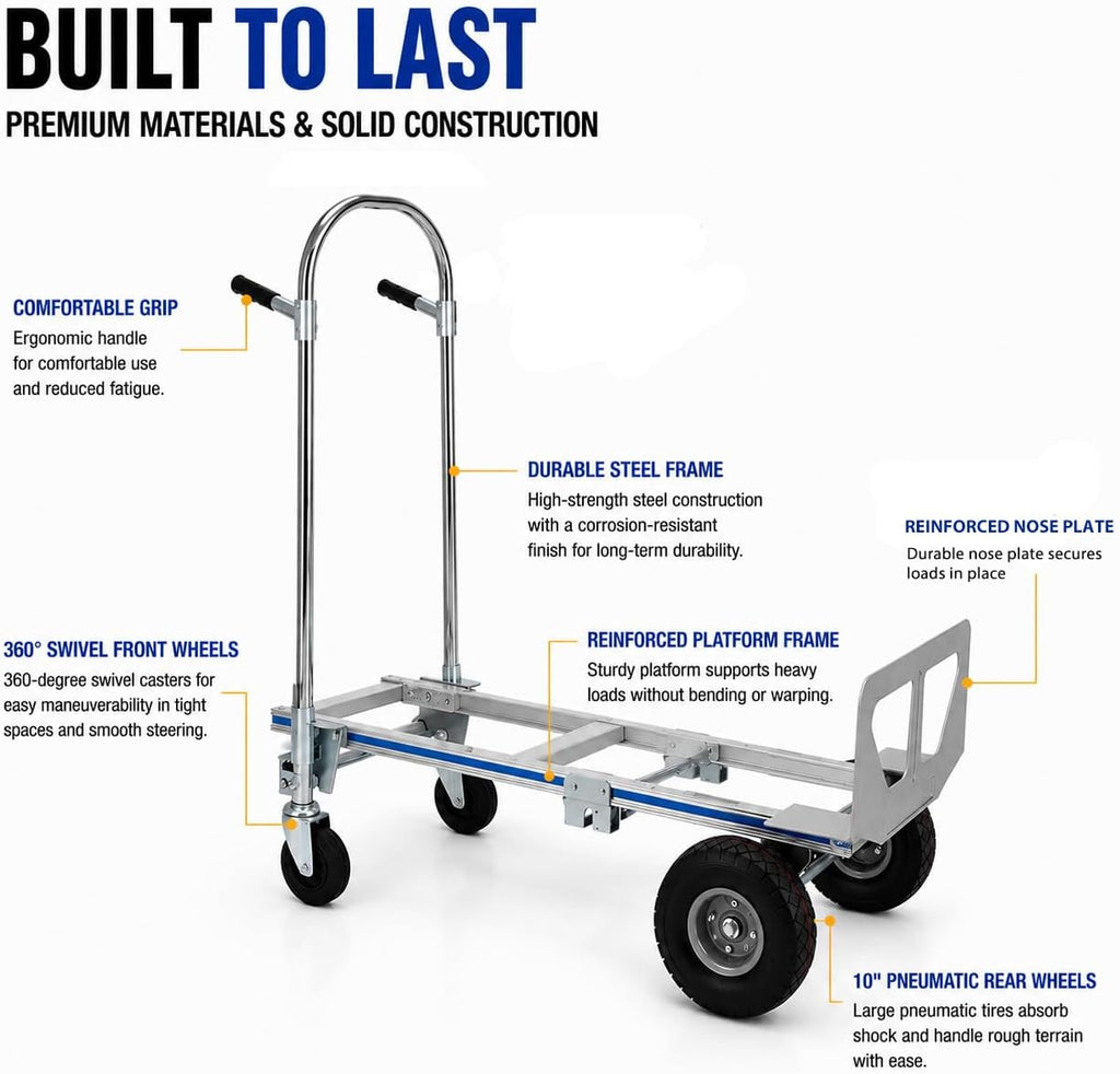 2-in-1 Convertible Hand Truck Dolly, 800 LB Capacity Heavy Duty Utility Cart with Pneumatic Tires, Aluminum & Steel