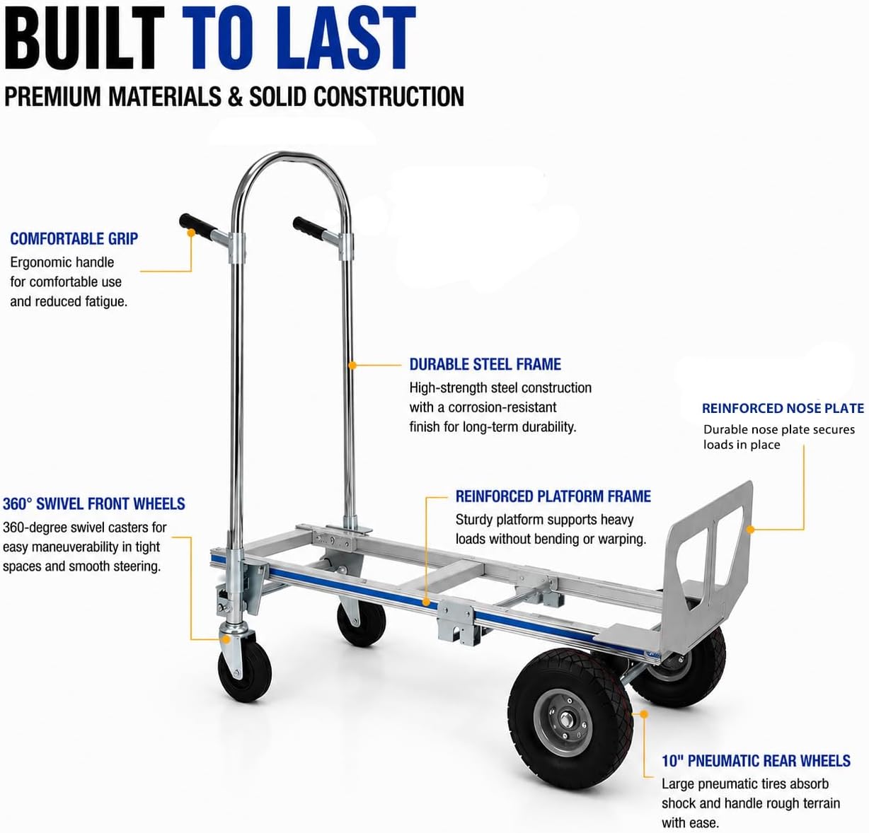 2-in-1 Convertible Hand Truck Dolly, 800 LB Capacity Heavy Duty Utility Cart with Pneumatic Tires, Aluminum & Steel