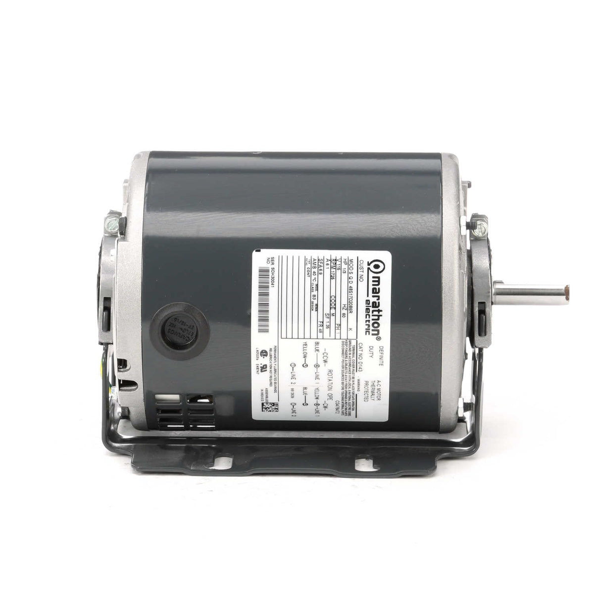 Marathon D143 48Y Frame Open Drip Proof 48S17D2086 Belt Drive Motor, 1/3 hp, 1725 RPM, 115 VAC, 1 Split Phase, 1 Speed, Ball Bearing, Resilient Ring Mount