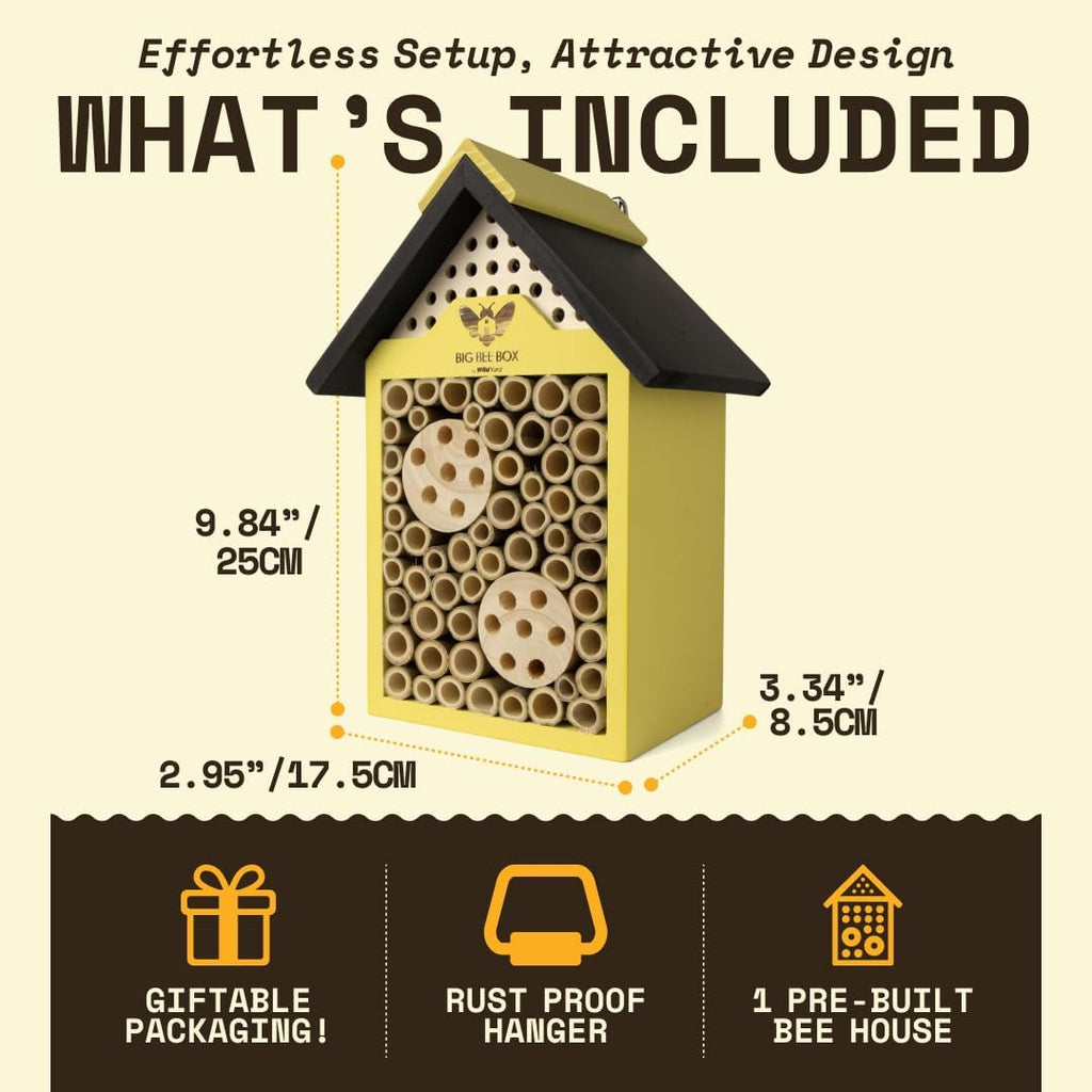 Bee House for Garden - Yellow with Nesting Tubes, Easy Mount