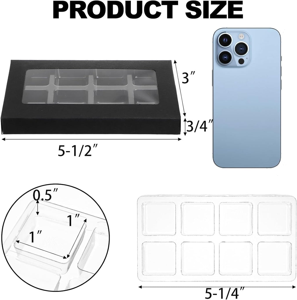 100 Pack Wax Melt Containers, Black Kraft Paper Gift Boxes with Window and 8 Cavity Plastic Molds for Wax Melt